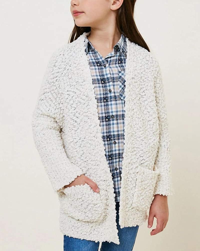 Batermoon Girls Open Front Cardigan Popcorn Knit Long Sleeve Casual Sweaters Coat with Pockets: Clothing