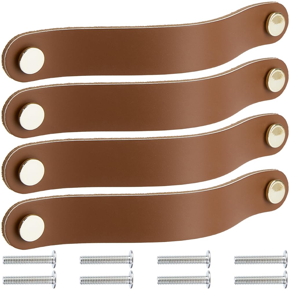 GORGECRAFT 4 Pack 20.2cm Genuine Leather Cabinet Handles Handmade Soft Leather Hardware Dresser Decorative Handle Drawer Pulls Kitchen Wardrobe Door Knobs with Screw for Furniture Cupboards (Brown)