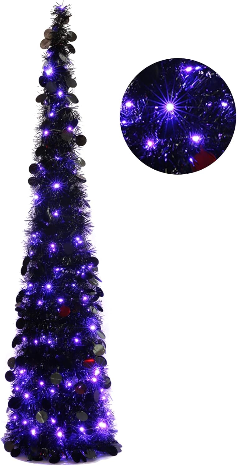 Trees - Orgrimmar 5FT Halloween Artificial Black Christmas Tree with 100 Lights Christmas Pop Up Tree Tinsel Coastal Pencil Tree for Halloween Christmas Holiday Home Party Decoration (Black)