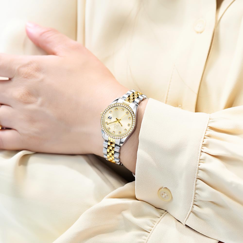 SHENGKE Women's Crystal Accented with Solid Alloy Steel Band Watch Elegant Dress Quartz Calendar Watches for Women