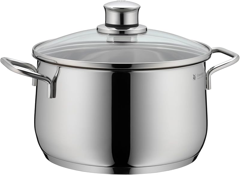 Diadem Plus - Batería de Cocina 7 Piezas, Acero Inoxidable Apto para Inducción, 1 Cacerola Baja de 20 cm, 2 Cacerolas Altas de 16 cm y 24 cm, 1 Cazo 16 cm con 3 Tapas de Cristal