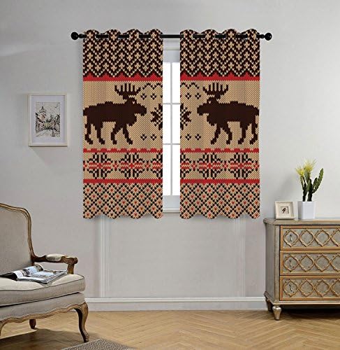 Stylish Window Curtains,Cabin Decor,Knitted Swatch with Deers and Snowflakes Classic Country Plaid Digital Print Decorative,Brown Tan Red,2 Panel Set Window Drapes,for Living Room Bedroom Kitchen Cafe