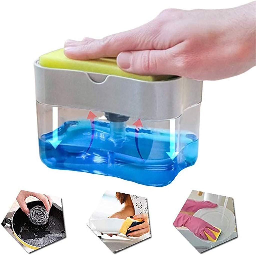 QIUUE 2-in-1Sponge Rack Soap Dispenser - Soap Dispenser and Sponge Caddy 13 Ounces and Two Sponges (C)