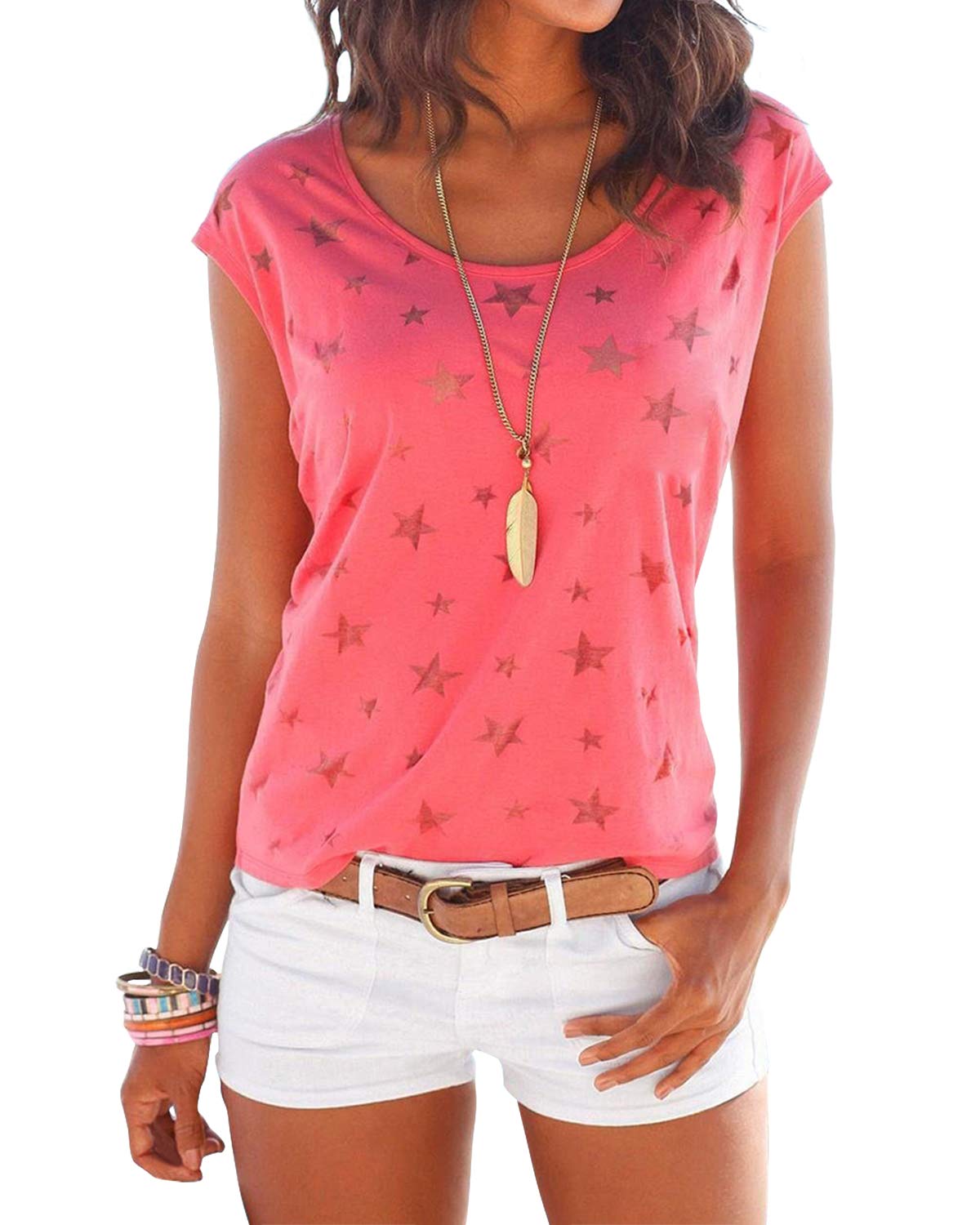 Women Short Sleeve Top T-Shirts Summer Round Neck Star Print Casual Blouses Shirts