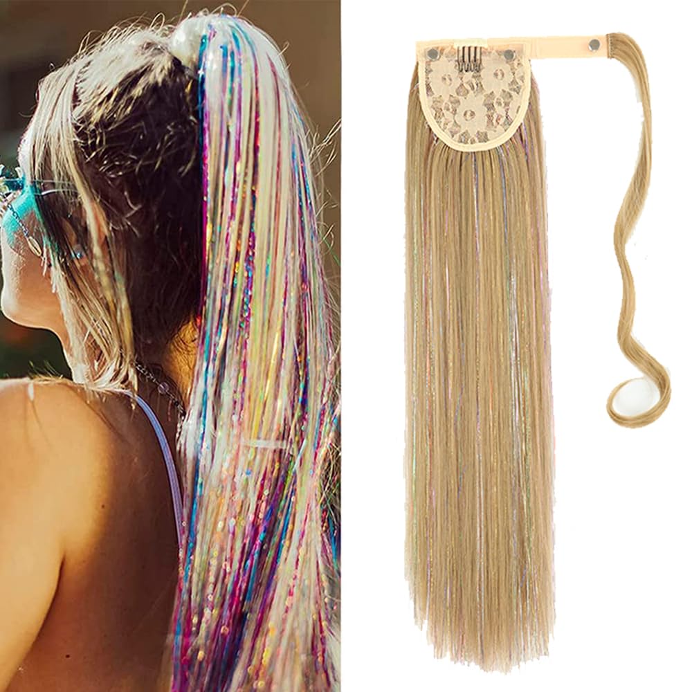Wrap Around Ponytail Hair Extension, clip in hair tinsel Pony Tails Extensions Glitter Long Straight ponytail Hair piece for women Girls (#24 Natural blonde) — image 1