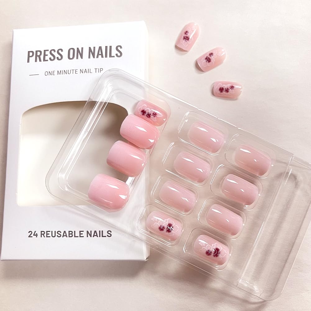 RUPOFUZA Acrylic Press on Nails Short Square Fake Nails White Ombre Glue on Nails Short False Nails with Flower Gloss Designs Nails Press on Artificial Nails Stick on Nails for Women 24Pcs - Image 7