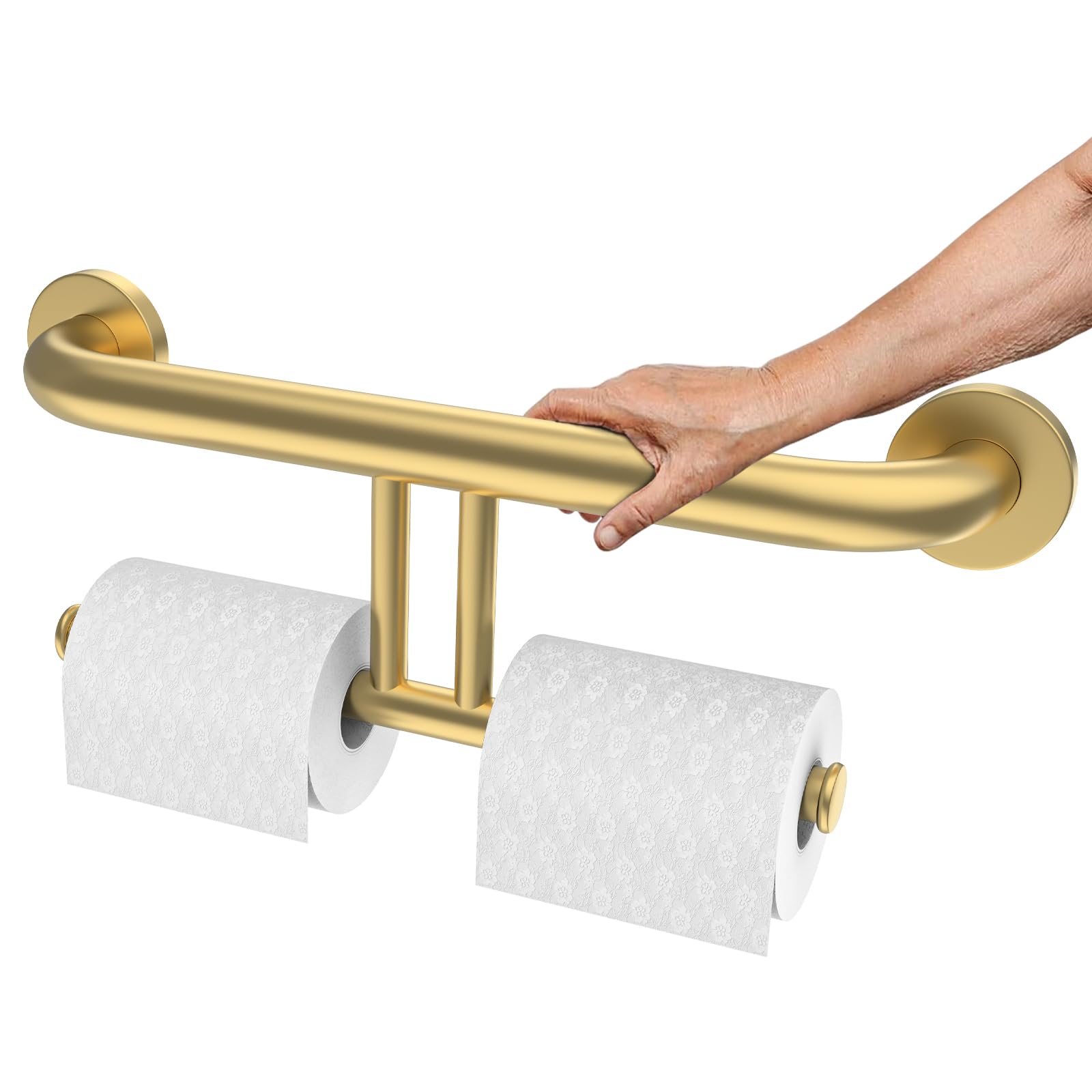 Photo 1 of Brushed Gold Grab Bar for Bathroom 17 Inch, Zepolu Stainless Steel 2-in-1 Safety Handrail w/Double Toilet Paper Holder, Wall Mounted Balanced Support Bar Assist Handle for Senior Elderly Handicap