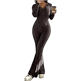 SOLY HUX Women's 2 Piece Outfits Long Sleeve Zip Up Hoodies Jacket and Flare Pants Workout Set