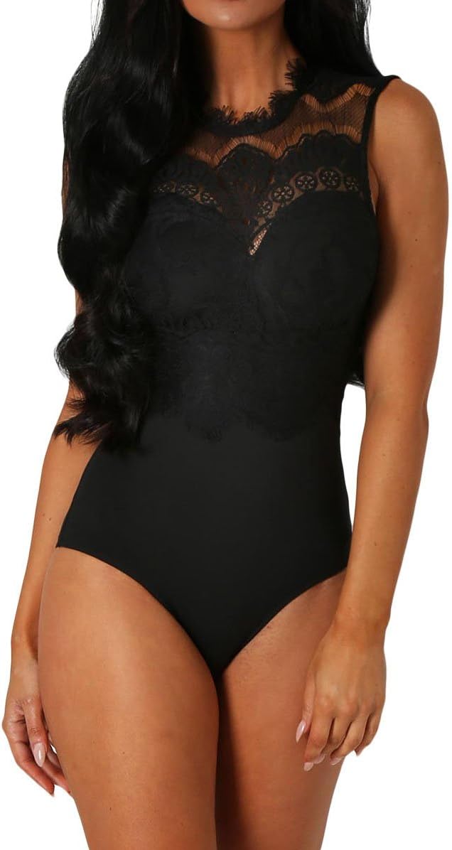 Women Lace Bodysuit Sleeveless Cut Out Back Leotard Tops Ladies Lingerie Backless Jumpsuit with Button UK 8-22
