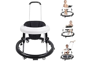 QIZHI-BEAR Baby Walker with Wheels, 3 in 1 Activity Center with Mute Wheels Anti-Rollover, 9-Gear Height Adjustable Foldable Baby Walker for Boys and Girls from 6-18 Months with Push Handle, Footrest