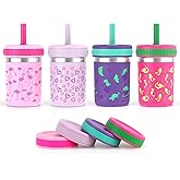 Sursip Toddler Kids Cups with Lids and Straws, Stainless Steel Toddler Sippy Cups Kids Tumbler with Silicone Straws for Smoothie, Drinking, Snacks, BPA-Free, Dishwasher Safe - 10 oz (4 Packs)