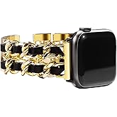NewWays for Apple Watch Band Series 10 42mm 41mm 40mm 38mm Series9 8 7 SE 6 5 4 3, Jewelry Bracelet for iWatch Band for Women, Gold Link with Black Leather
