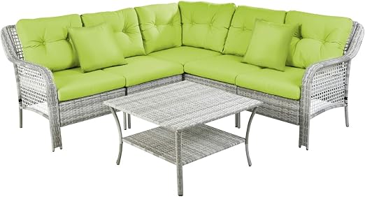 Amazon Com 6 Piece Patio Sectional Conversation Sofa Handwoven Rattan Furniture Outdoor Wicker Chair Set With Coffee Table And Green Water Resistant Rounded Cushions For Garden Kitchen Dining