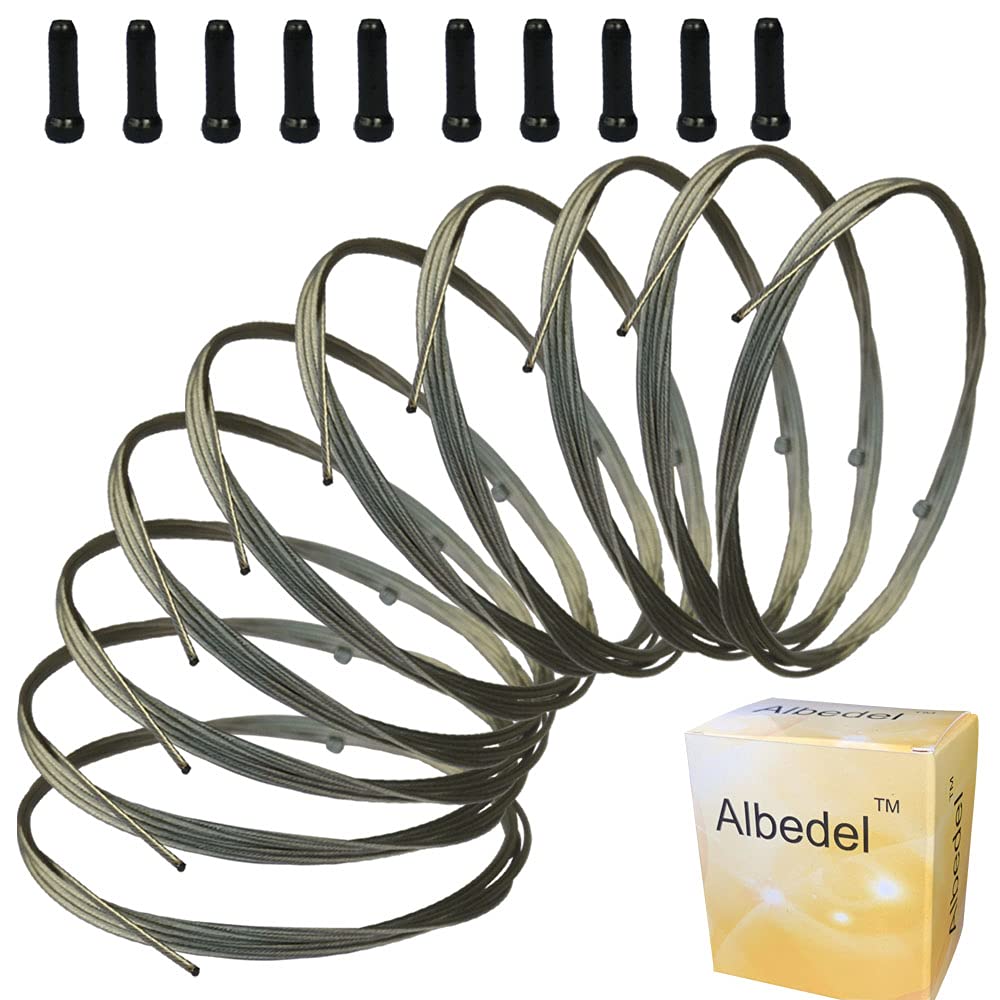 Albedel 10 pcs 2100mm Shift Cable Derailleur Cable Stainless Steel for Mountain and Road Bicycle + 10 PCs Black Alloy Cable Cap End Tip Crimp
