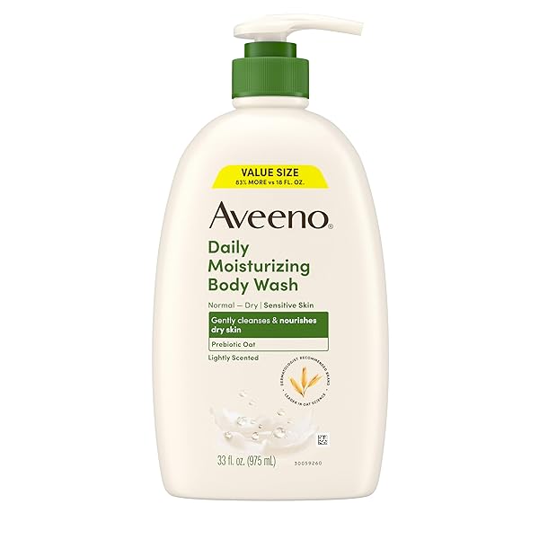 AVEENO DAILY MOISTURIZING BODY WASH FOR WOMEN AND MEN FOR DRY & SENSITIVE SKIN, PARABEN, SOAP & DYE-FREE, GENTLE SHOWER CLEANSER, DERMATOLOGIST RECOMMENDED BRAND, LIGHTLY SCENTED, 33 FL OZ