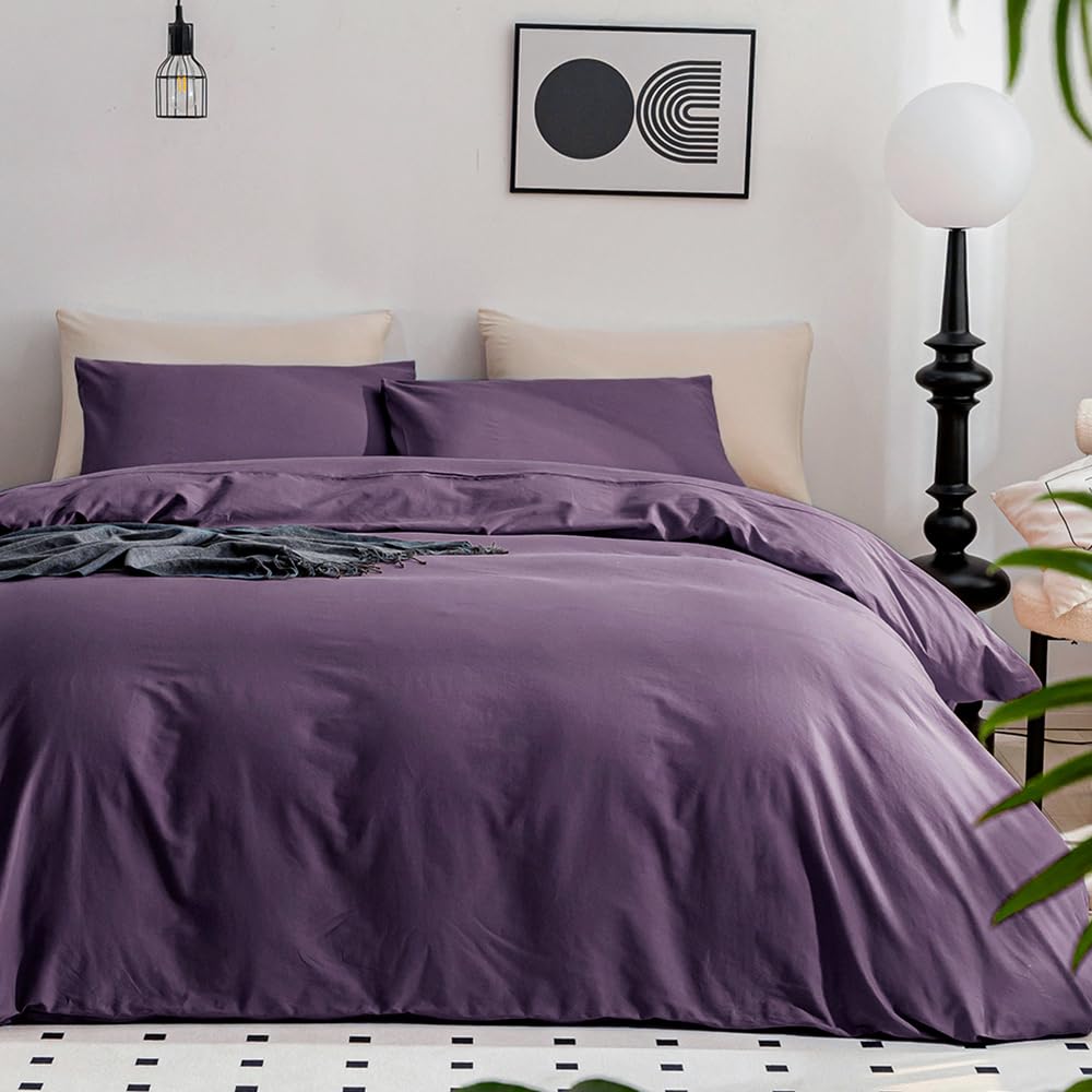 Photo 1 of JELLYMONI Purple Duvet Cover Full Size - 100% Washed Cotton Linen Like Textured Comforter Cover, 3 Pieces Breathable Soft Bedding Set with Zipper Closure (Purple, Full 80"x90")