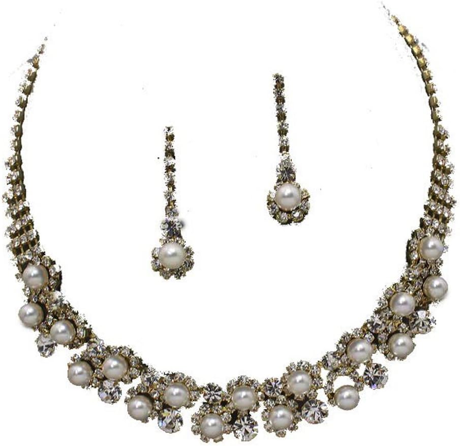 Golden cream faux pearl diamante bridal wedding necklace set