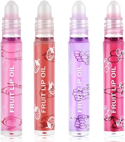 AOOWU 4 Pcs Hydrating Lip Oil Set Fruit Flavors Peaches Strawberry Grape Cherry