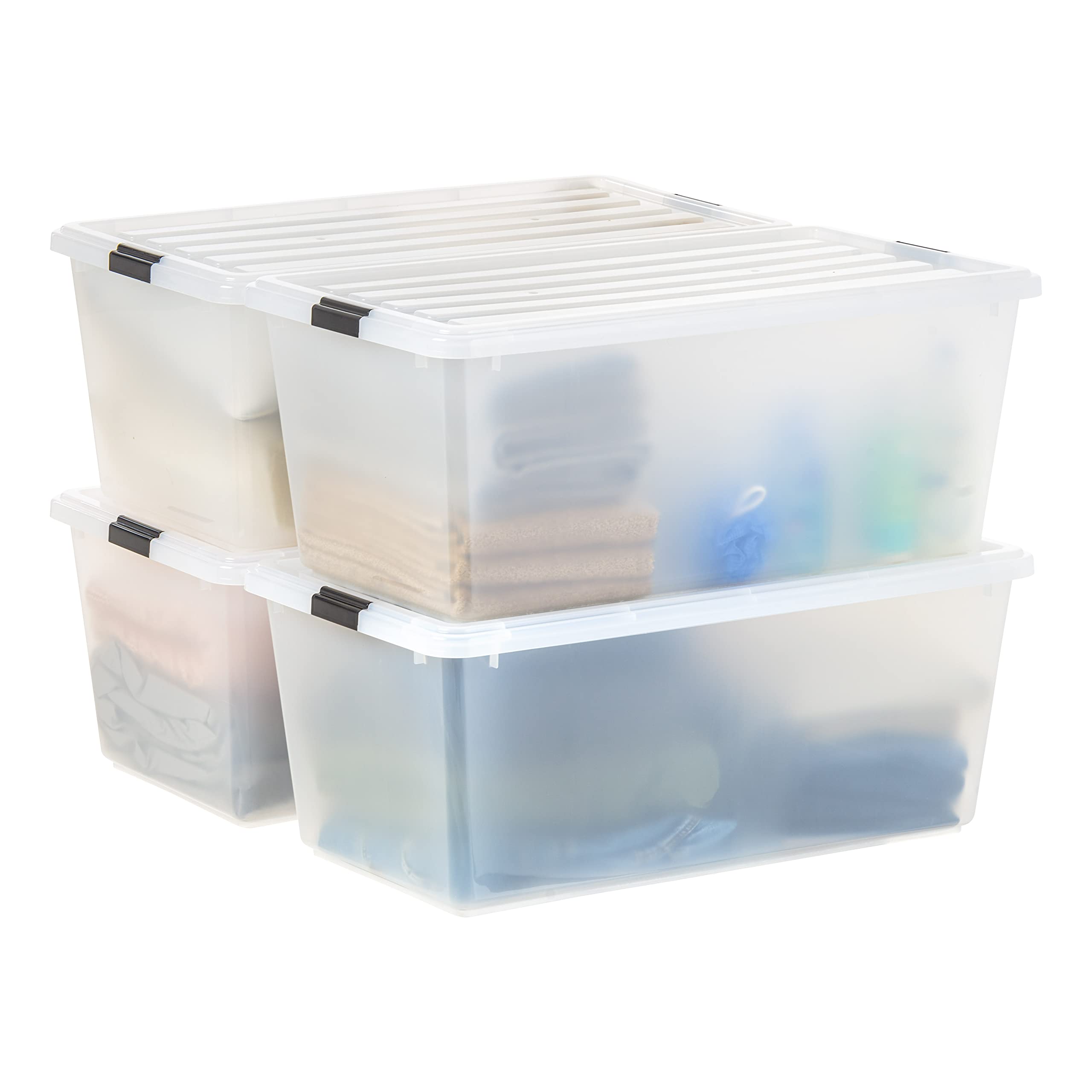 Photo 1 of *************MINOR DAMAGE*****************
IRIS USA 91 Qt Stackable Plastic Storage Bins with Lids, 4 Pack - BPA-Free, See-Through Organizing Solution, Latches, Durable Nestable Containers, Secure Pull Handle, Made in USA - Clear