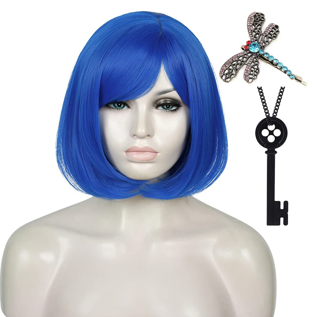 ATAYOU Short Blue Wig with Dragonfly Hairpin and Black Button Key Necklace for Coraline Halloween Cosplay costume