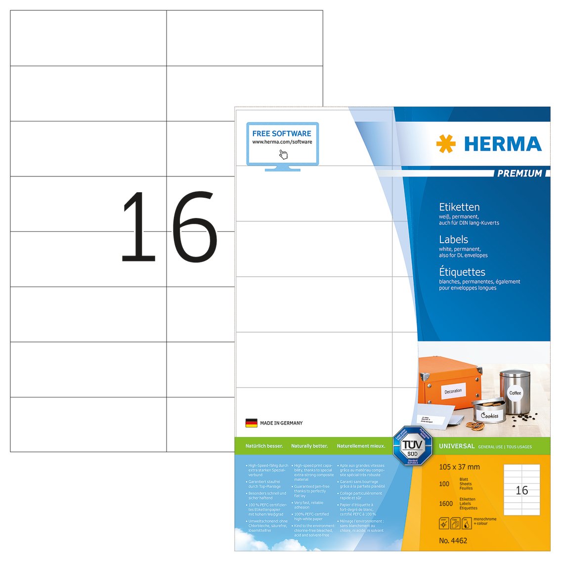 HERMA Self Adhesive Address Labels, 16 Labels per A4 Sheet, 100 Sheets, 105 x 37 mm, 1600 Labels, Blank Mailing Labels Stickers, Sticky Labels for Laser & Inkjet Printer, White