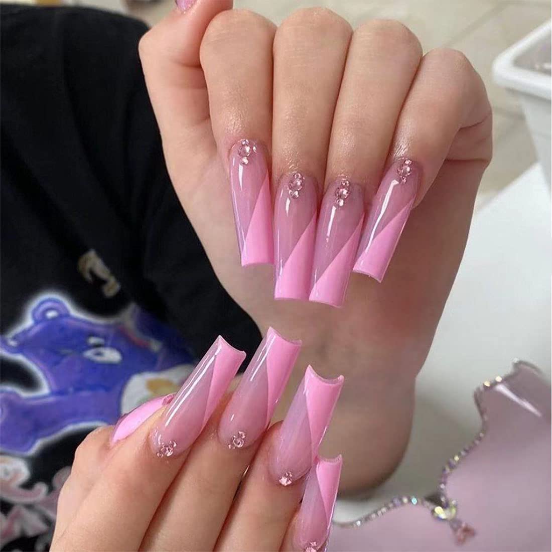 Rhinestone Press on Nails 24PCS Extra Long Pink Ballerina False Nails Full Cover Artificial Nails Tips for Women and Teen Girls