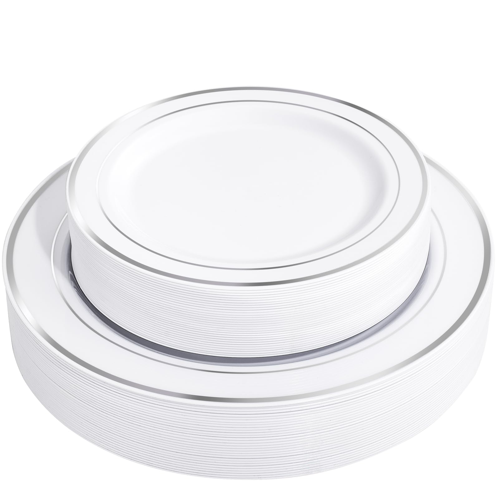 Photo 1 of FLOWERCAT 60PCS Silver Plastic Plates - Heavy Duty White and Silver Plastic Plates Disposable - Include 30PCS 10.25inch Dinner Plates and 30PCS 7.5inch Dessert Plates for Wedding&New Year