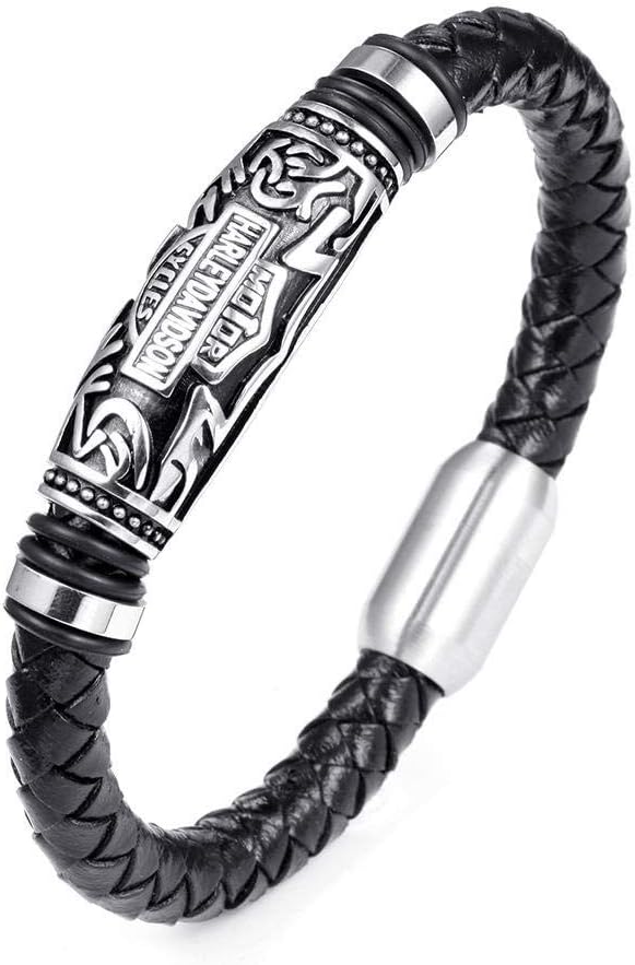 XXDGL-Men'S Motorcyclist Knight Bracelet,Genuine Leather Titanium Steel Bracelet
