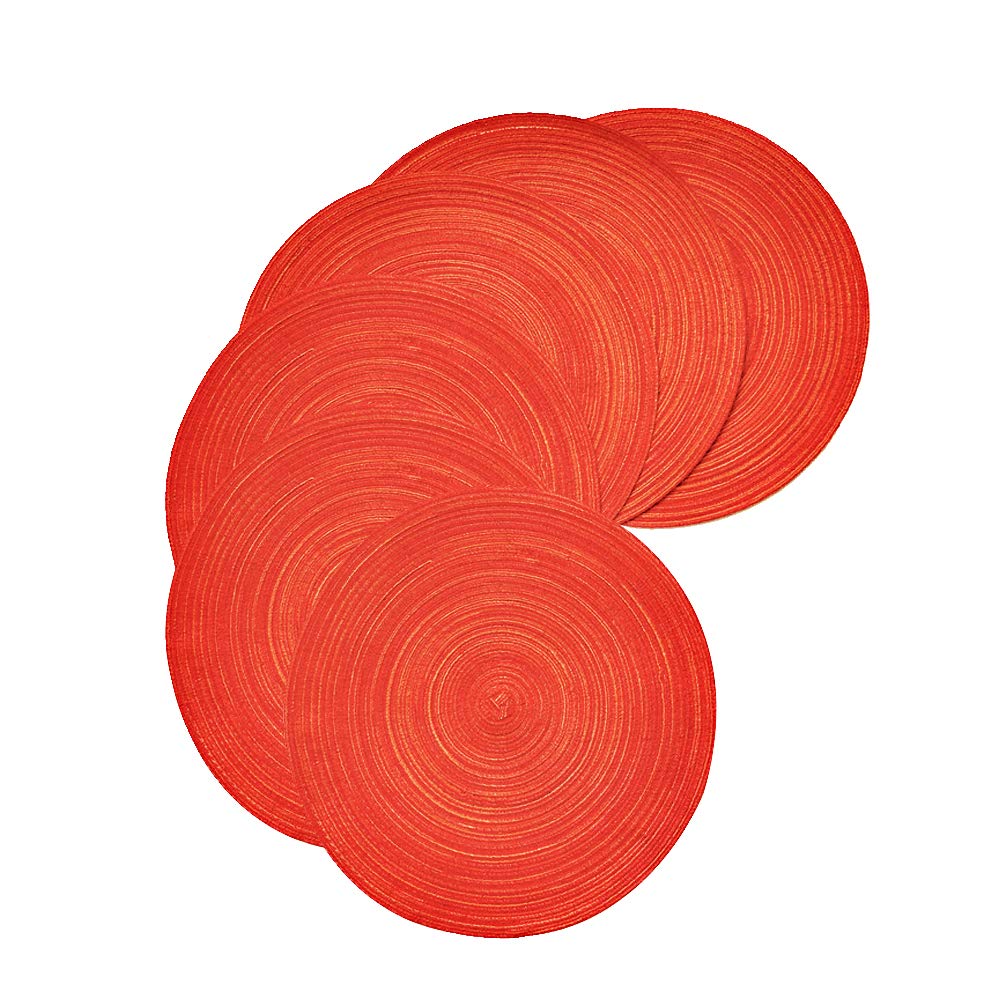 REMEE Round Placemat 14.2 Inch Braid Woven Placemat or Charger for Party Wedding,Washable Kitchen Table Mats,Set of 6(Orange Red)
