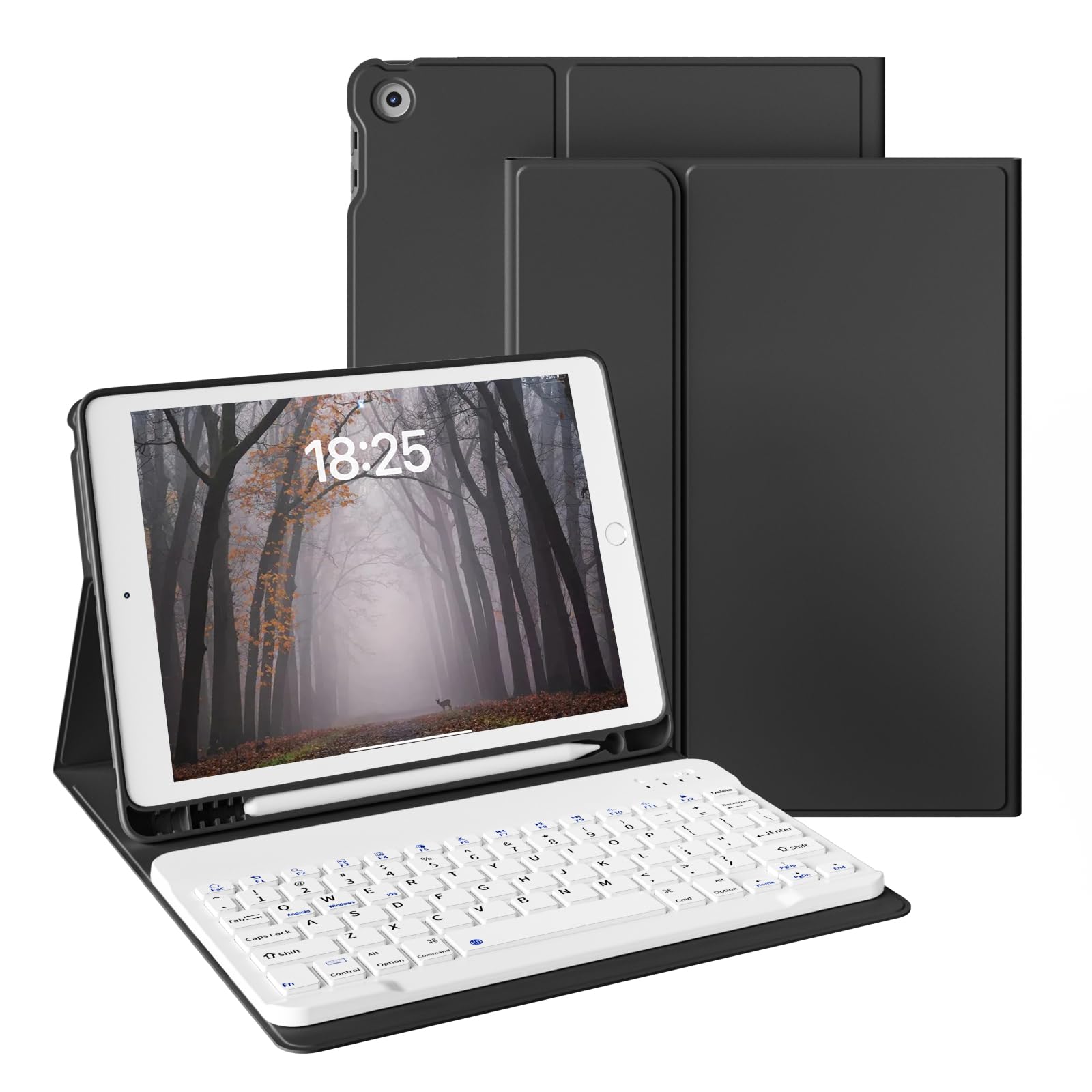 zoyu Keyboard Case for iPad 9th/8th/7th Generation (2021/2020/2019) 10.2-inch with Pencil Holder, Slim Stand Cover Soft TPU Back, Magnetically Detachable Wireless Keyboard, Black