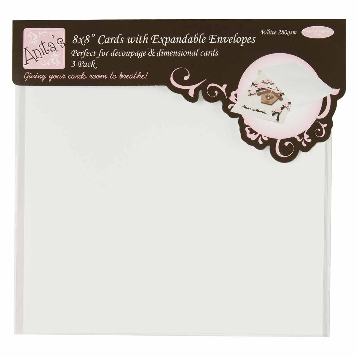 Anita's 8x8 Expandable Card & Postal Wallet Envelopes 3 Pack 280gsm White, For Postage Of Decoupage & Dimensional Card, Letter, Book, Sturdy Envelopes, Peel And Seal, Ideal For Home, School, Business