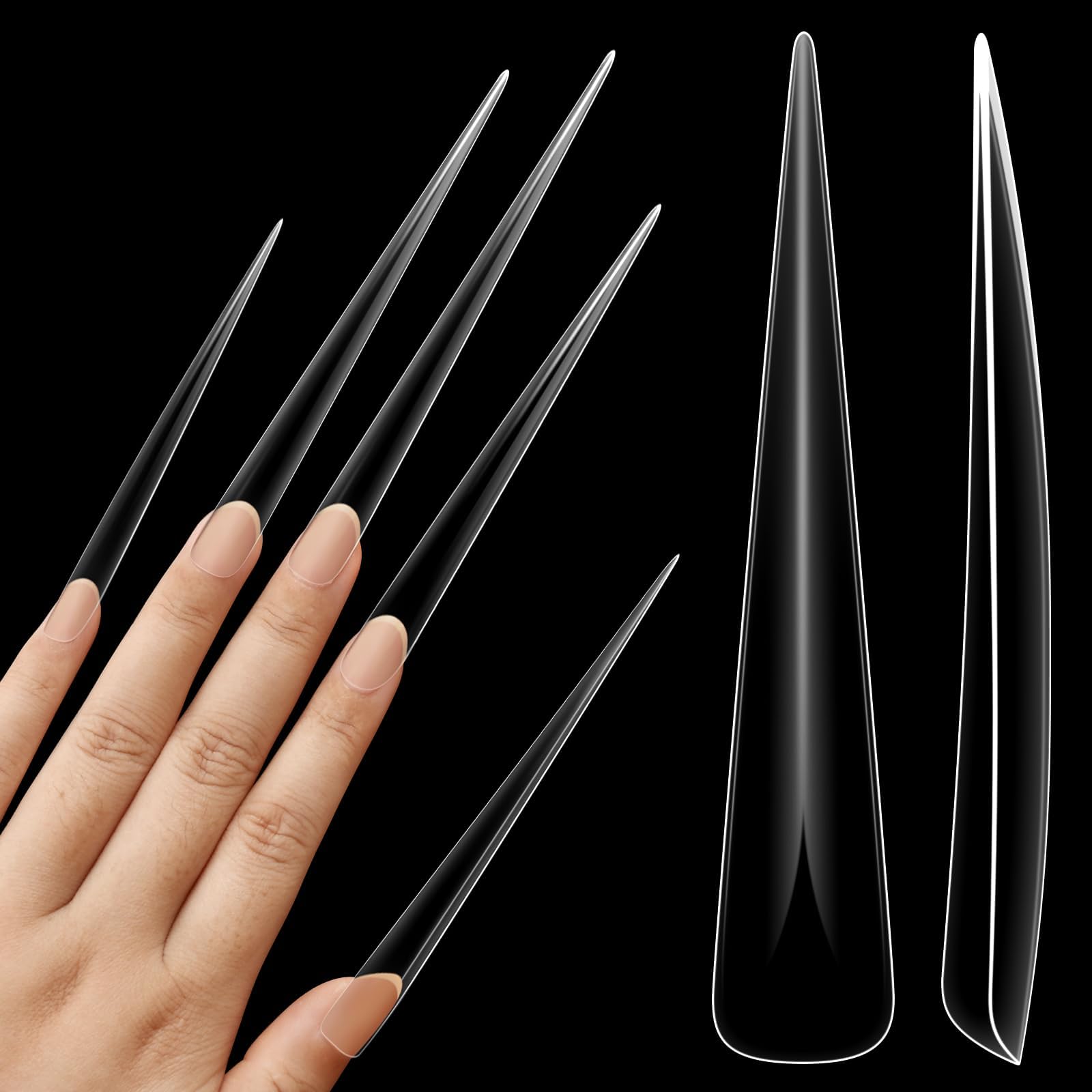 NOVO OVO Halloween Extra Super Extreme Long Stiletto Nail Tips, 5XL XXXXXL Clear Full Cover French Tips False Fake Nail Extension, Sharp Fishbone Arrow Head Nails for Professional 120 pcs 12 Size — image 1