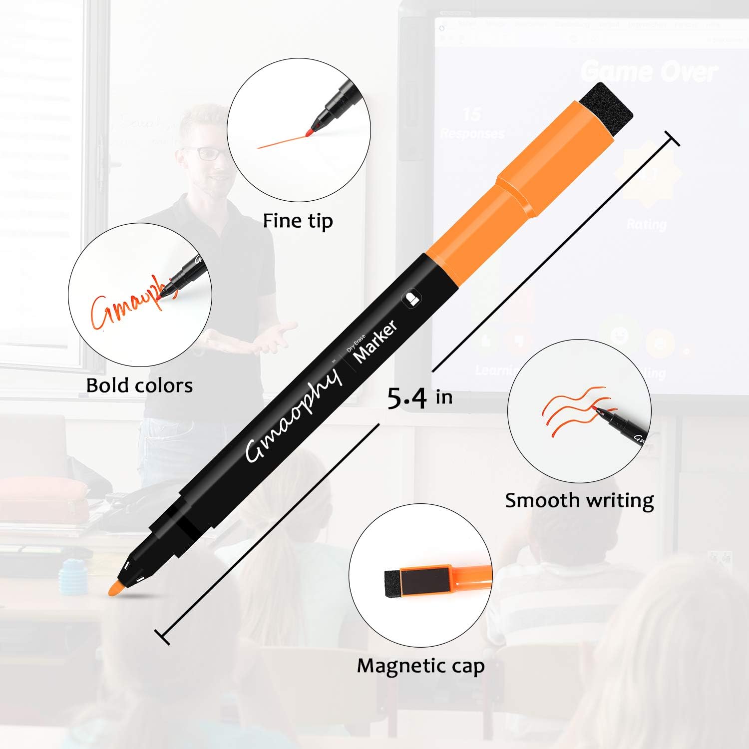 Magnetic Dry Erase Markers - 10 Pcs 8 Color Fine Tip Whiteboard Markers with Eraser Cap, Low Odor Dry Erase Markers for Glass/Whiteboard/Porcelain/Plastic/School/Office : Office Products