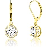 Dangle Earrings 18K Yellow Gold Plated Princess Halo Round Cut Clear Cubic Zirconia Drop Earrings for Women Hypoallergenic