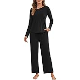 Namatime Womens Pajama Sets 2 Piece Lounge Set Sleepwear Soft Cotton Long Sleeve Pjs with Pockets Ladies Comfy Pleated Loungewear Black Medium