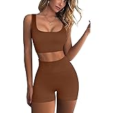 QINSEN Workout Sets for Women 2 Piece Seamless Ribbed Crop Tank High Waist Shorts Yoga Outfits