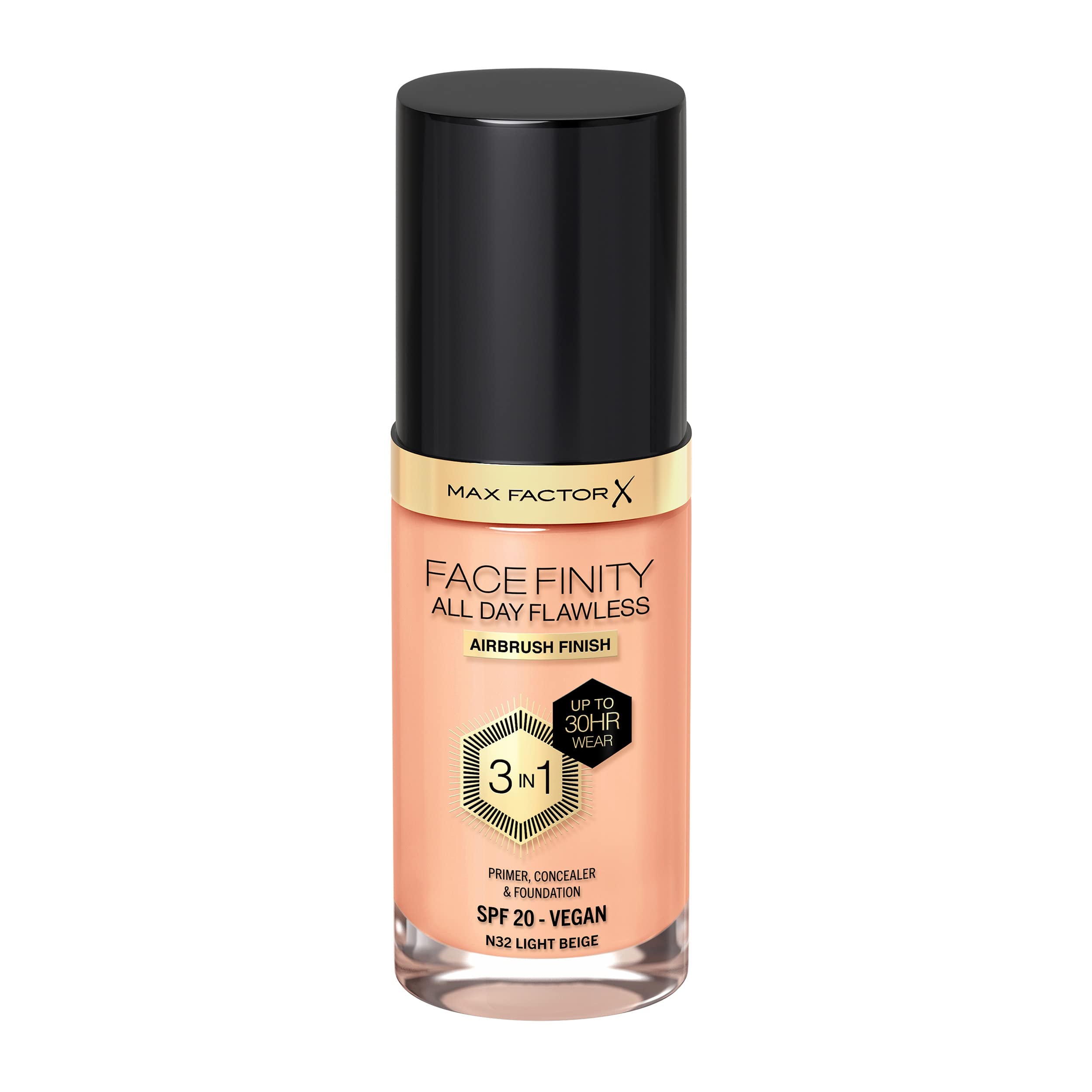 Max Factor Facefinity 3-in-1 All Day Flawless Liquid Foundation, SPF 20 - 32 Light Beige, 30 ml
