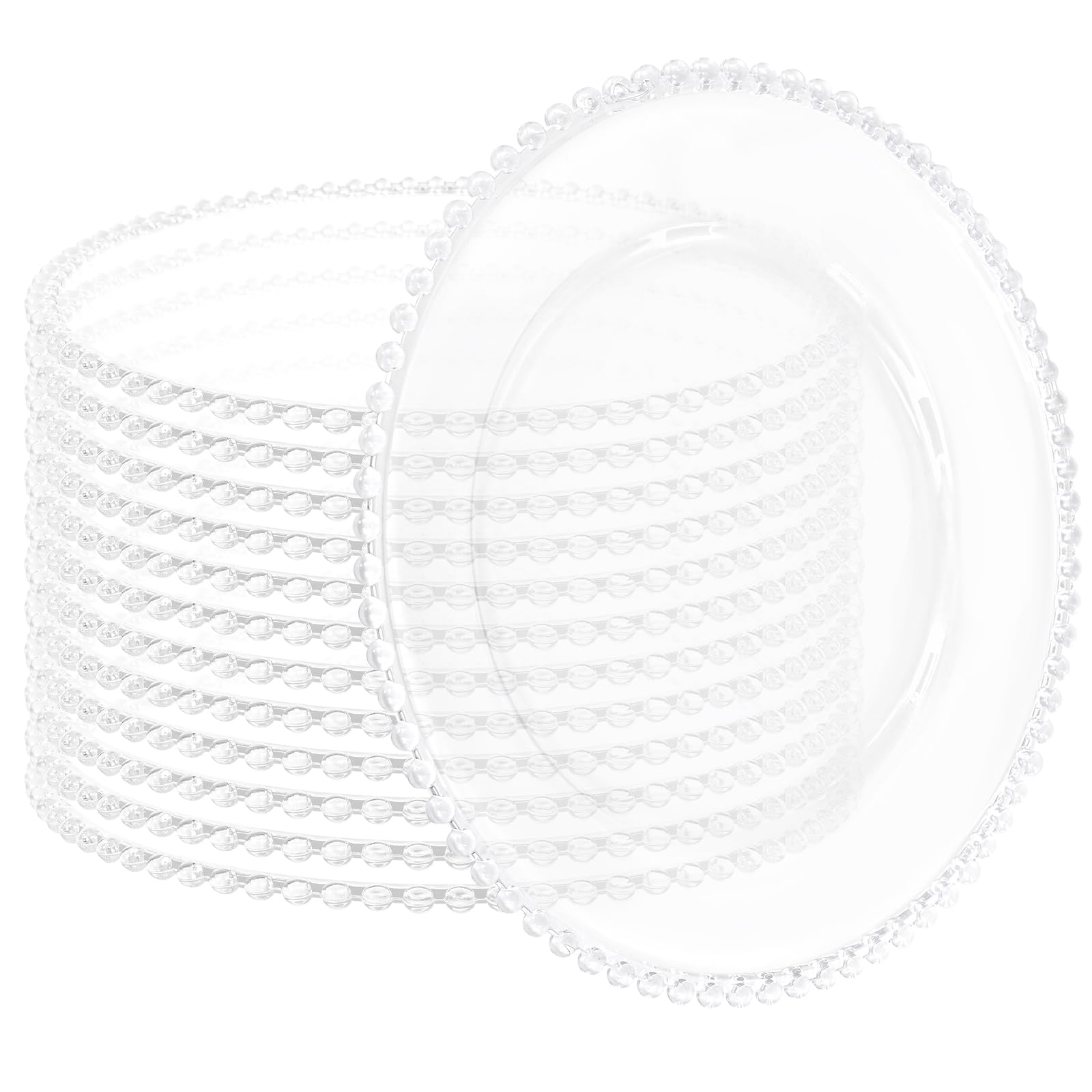 Photo 1 of YJYQHYX 12 Pack Clear Charger Plates with Beaded Rim, 13 Inch Plastic Chargers for Dinner Plates Acrylic Round Tabletop Decoration for Home Kitchen Catering Wedding Table Event Party Dinner (Clear)