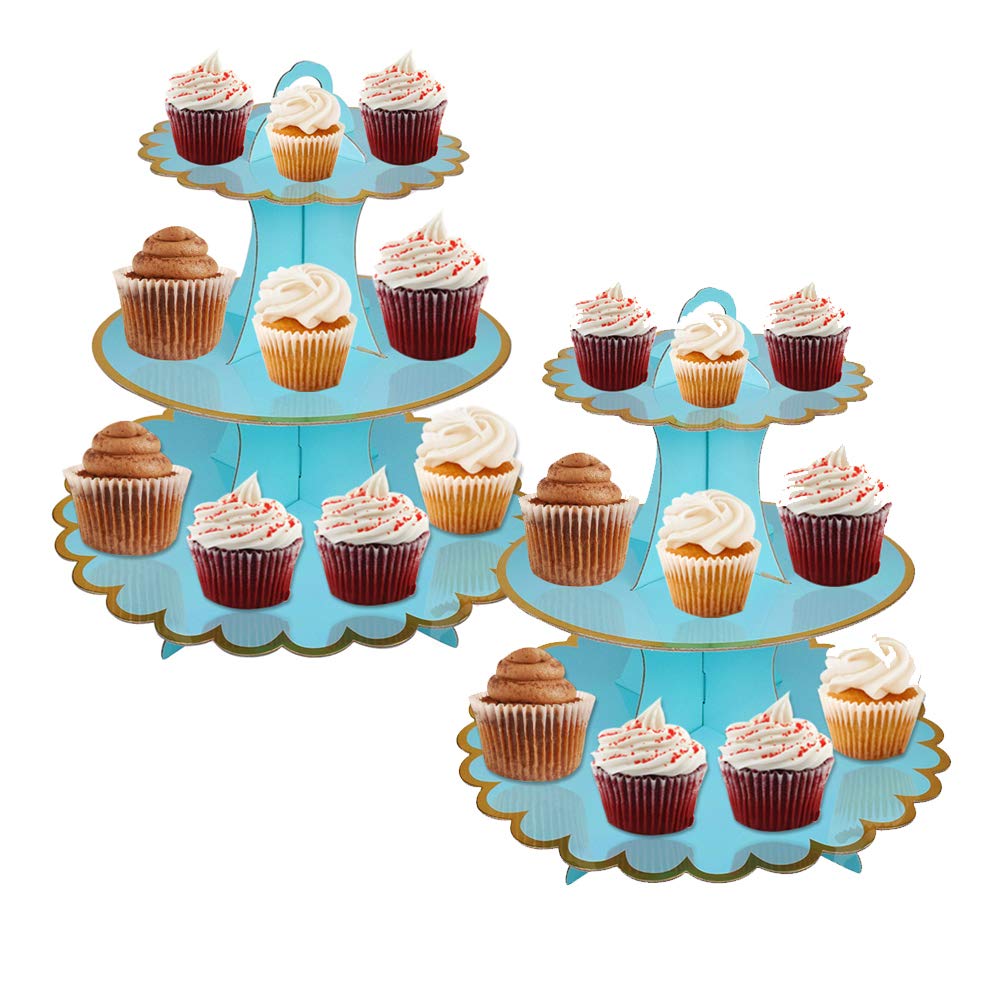 3-Tier Cupcake Stand, Cardboard Cupcake Tower, Round Dessert Cupcake Holder, Disposable Pastry Stand, Paper Dessert Stand for Birthday Wedding Party Serving Platter (Blue 2PCS)