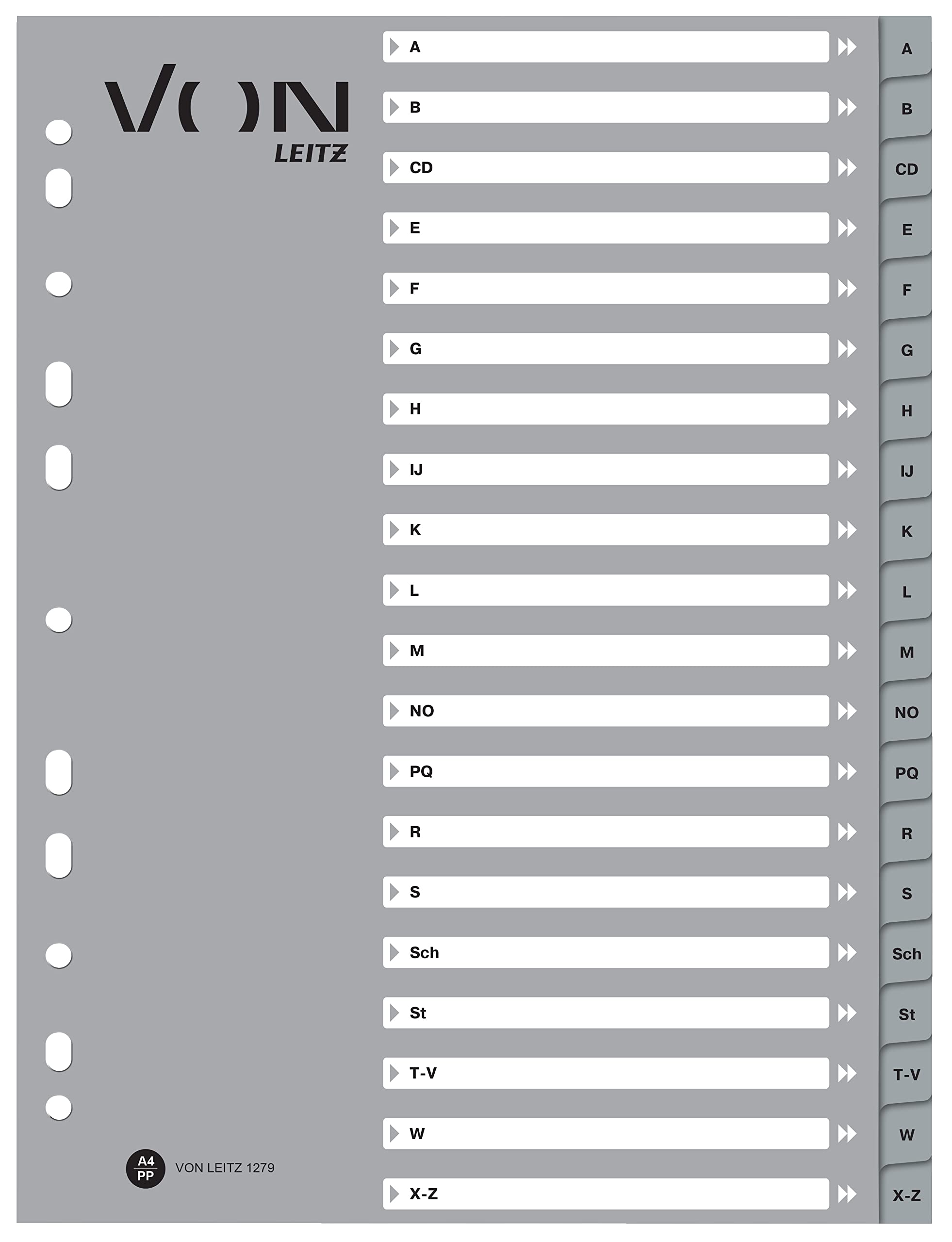 VON Leitz Pack of 10 Alphabet Index A-Z DIN A4, Cardboard with PP Tabs, 11-Hole Universal Index for Folders, File Folders & Ring Binders, for School, Study & Home, Grey, 12790085