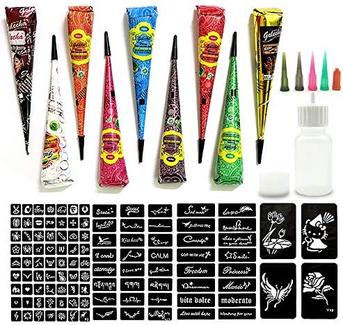 Temporary Tattoo Kit-9Color Temporary Tattoo Paste Cone with 107 Pcs Template Set