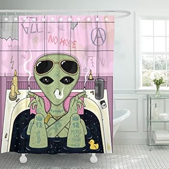 Emvency Shower Curtain Trippy Alien Smoke and Chill in Bath Cigarette Glasses Waterproof Polyester Fabric 60 x 72 Inches Set with Hooks