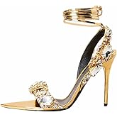 Kluolandi Women's Strappy Stiletto Heels with Crystal Lace Up Gladiator Sexy Open Toe High Heeled Sandals Gold Heels for Women