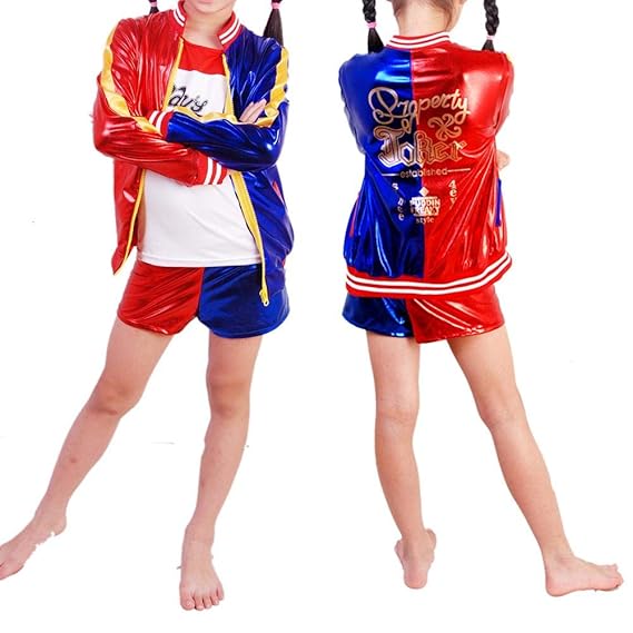 Biback Mädchen verkleiden Harley Quinn 3 in 1 Set - Cosplay 3 Stück Jacke + T-Shirt + Shorts Produkte Halloween-Kostüm Verkle