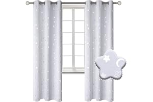 BGment Blackout Curtains for Bedroom, Star Curtains with Moon for Kids Room，Thermal Insulated Room Darkening Drapes with Grommet for Nursery Girl Boy Baby, 2 Panels of 42 x 84 Inch, Greyish White