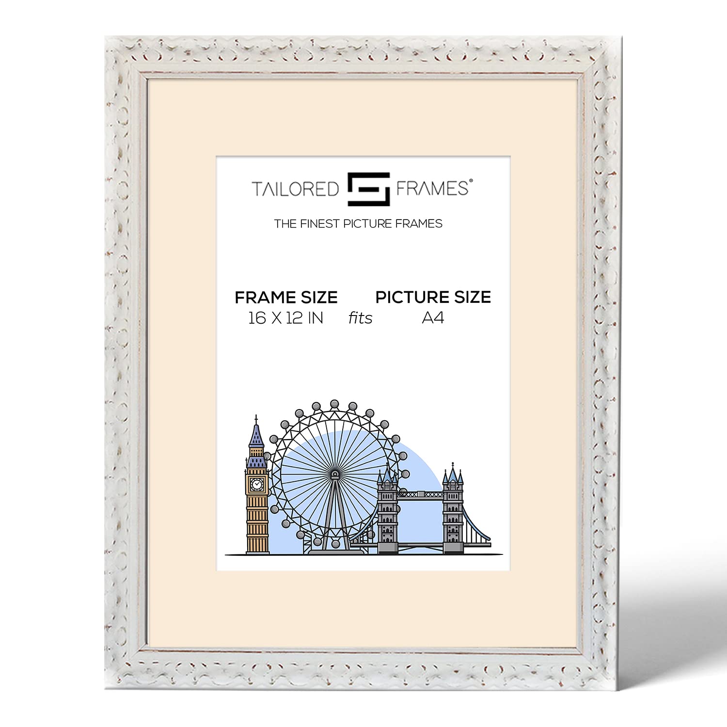 Tailored Frames Vienna White 16" X 12" Frame for A4 Picture | Rustic Style Vintage Single Picture Frame | Wall Hanging Type | Photo Frame with Antique Mount