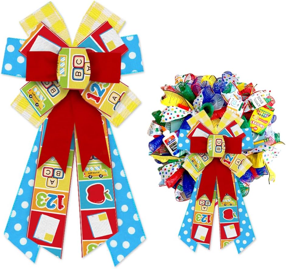 Bows & Ribbons - Hying Large Welcome Back to School Bows for Wreath, School Themed Wreath Bows Blue Red Burlap Bow Book Apple School Bus Craft Bow Holiday Classroom Bows for Door Wall Back to School Decorations
