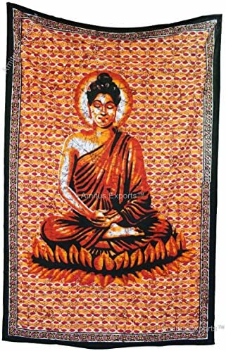 Amitus Exports(TM) Premium Quality 1 X Meditating Buddha 82"x 54"(Approx.) Inches Orange Red Color Cotton Fabric Tapestry Hippy Indian Mandala Throws (Handmade In India)