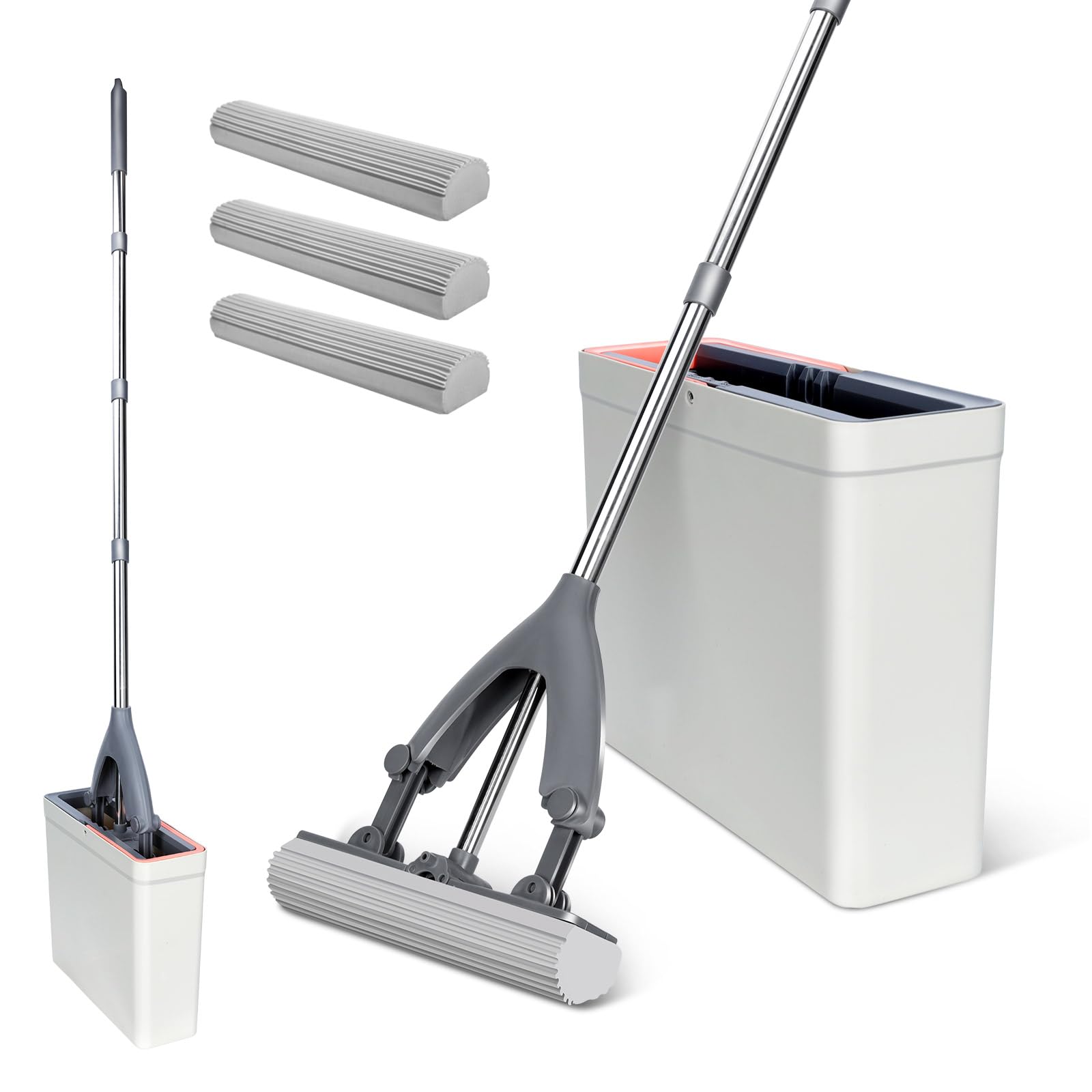 Masthome Sponge Mop and Bucket, Lazy Squeeze Mop Bucket with 3pcs Super High Absorption Sponge Heads, 133cm Adjustable Height Sponge Mops for Cleaning Laminate, Tile, Hardwood Floor Cleaning