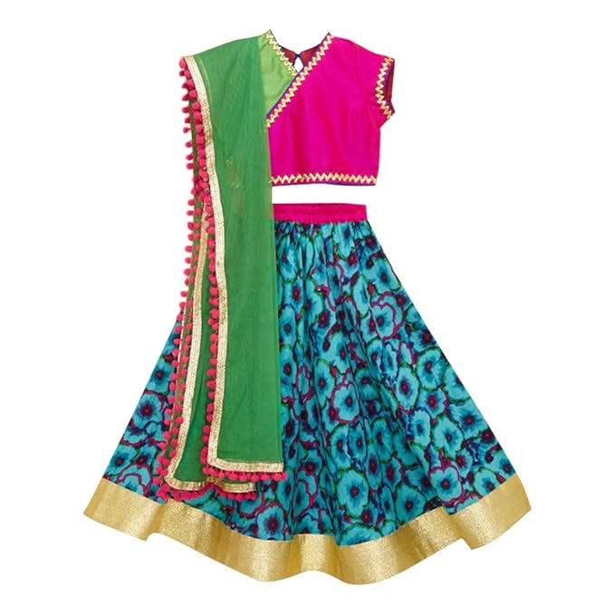 Kids Chakra By Hopscotch Girls Cotton Flower Print Lehengas And Blouses Set With Dupatta in Blue Color